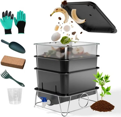 3-Tray 15L Worm Farm Composting Bin with Tool Set - Efficient Indoor/Outdoor  - Image 1 of 4