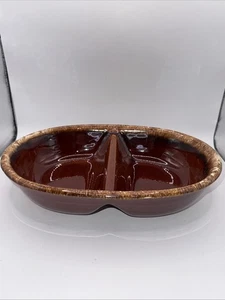 Vintage H.P. Hull USA Brown Drip Pottery Divided Casserole Dish Oven Proof EUC - Picture 1 of 8