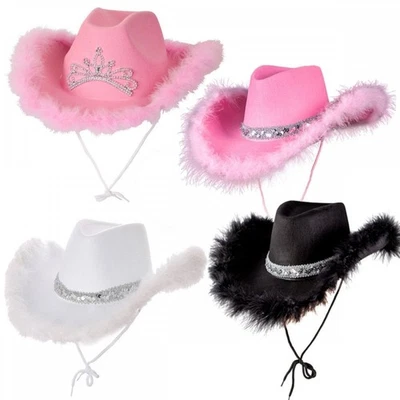 Adult Texan Cowgirl Cowboy Hat w/ Sequin Feather Hen Party Wild West Fancy Dress - Image 1 of 2