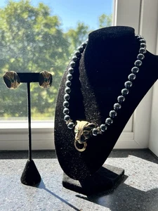 Vintage KJL Avon Grey Beaded Enamel Panther Necklace & Earrings Set PERFECT - Picture 1 of 12