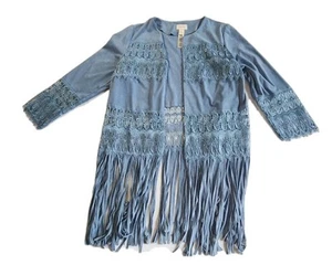 Chico's Light Blue Suede Fringe Lace Jacket - Boho Chic Style, Size 1 (XS) - Picture 1 of 11