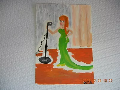 Aceo pinturas artísticas originales mujer cantando pelo rojo Foto 1 de 3