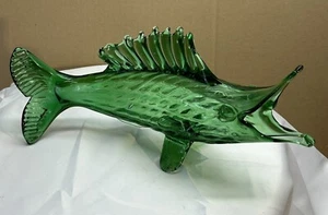 Vintage mundgeblasenes Glas grüne Fischflosse offener Mund Ozean Meeresleben Skulptur Dekor - Bild 1 von 24