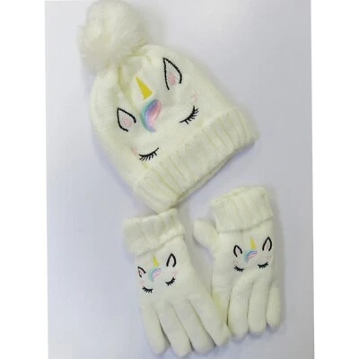 Conjunto de 2 sombreros blancos y guantes a juego para niñas diseño unicornio Foto 1 de 4