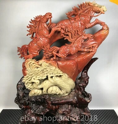 21.6" Antigua estatua china Shoushan tallada en piedra dinastía Fengshui 12 zodiaco caballo estatua Foto 1 de 4