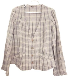 FLAX Linen V-Neck Blazer Collarless Button Jacket Lavender Plaid Size M NEW - Picture 1 of 9