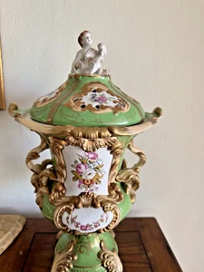 Chelsea House Urn w Handles & Lid Green Gold Floral & Courting Couple Ceramic - Picture 1 of 21