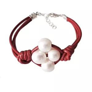 PULSERA de PLATA de ley 925, 4 PERLAS Cultivadas 10 mm. y Cuero Rojo. Mod Trebol - Bild 1 von 4