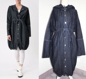 Sarah Pacini Gathered Hemline Hooded Blue Denim Trench Duster sz T1 / US S  $402 - Picture 1 of 12