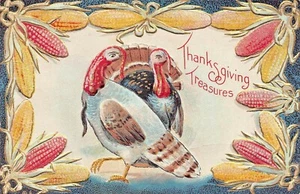 THANKSGIVING TREASURES-TURKEYS-CORN BORDER~EMBOSSED 1910s POSTCARD - Picture 1 of 2