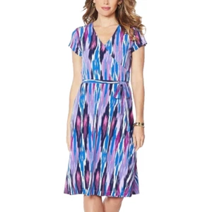 IMAN Global Chic Purple Multicolor Faux Wrap Dress Belt Size Small Short Sleeve - Picture 1 of 11