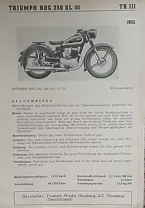 Triumph BDG 250 SL 1955 Datenblatt Typenblatt original   * - Imagen 1 de 1