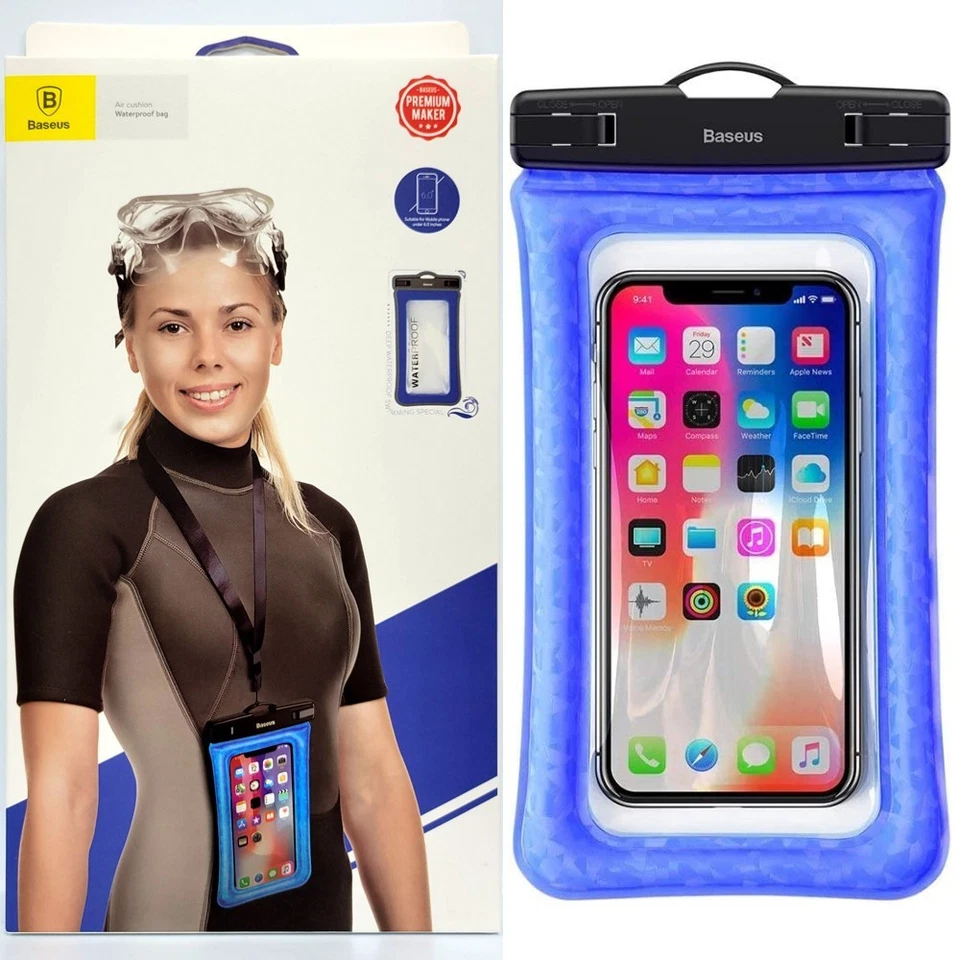 Baseus Air Cushion Waterproof Bag Phone Pouch IPX8 + Neck Strap Lanyard - Blue - Image 1 of 4