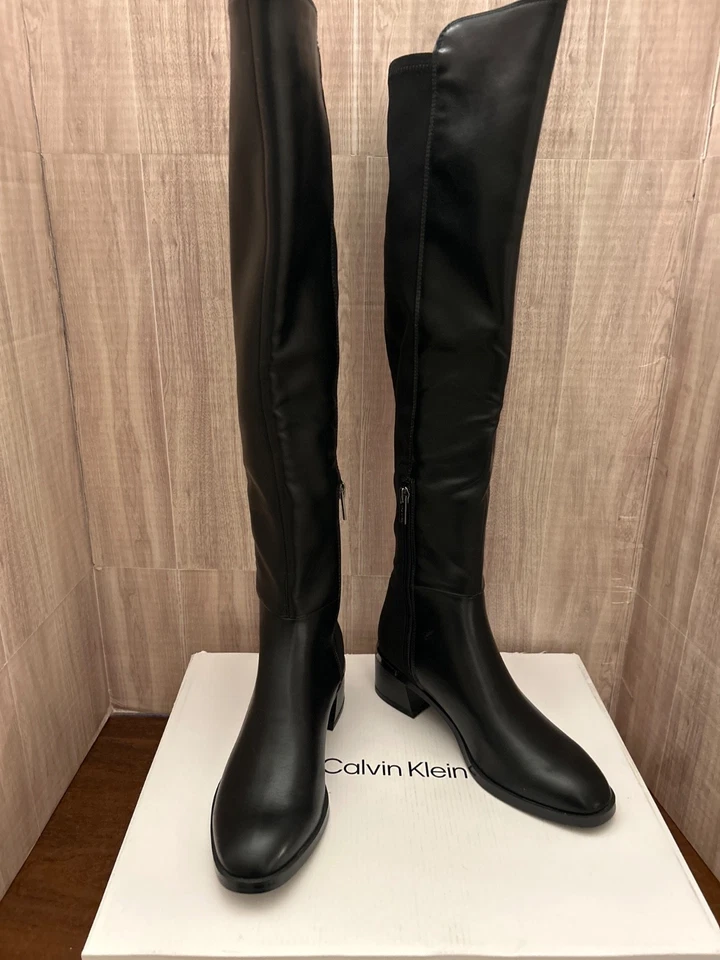 Calvin Klein Jotty 2 Over the  Knee  Faux Black Leather & Fabric Boots Size 6.5 - Image 1 of 4