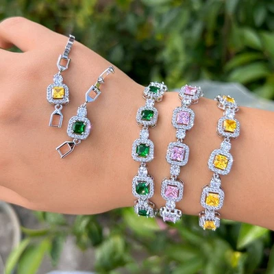 Brazalete de tenis cuadrado amarillo rosa circonita cúbica plateado joyería de belleza Foto 1 de 4