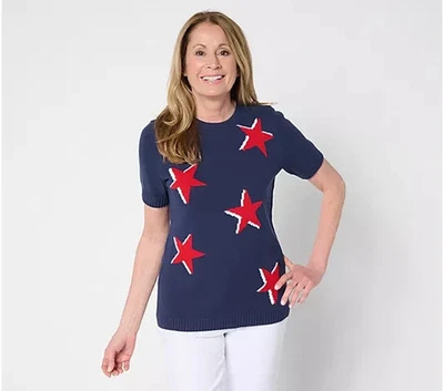 Suéter Intarsia Manga Corta 100% Algodón Denim & Co. Americana 4X A692750 Foto 1 de 2