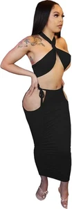 Women Halter Crop Top Long Skirt Bodycon Hollow Out Wrap Maxi Dress Black 2XL - Picture 1 of 3