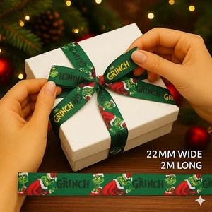 Green Grinch Santa Christmas Ribbon 2m x 22mm – Perfect for Gift Wrapping, Bows, - Picture 1 of 12