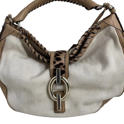 Bolso Hobo Diane Von Furstenberg Lona/Cuero Acento Leopardo Bronceado y Blanco Foto 1 de 4