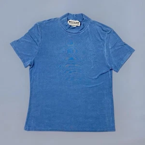 Top de manga corta de terciopelo Western Connection de colección años 80 cuello falso para mujer L azul EE. UU. - Imagen 1 de 5