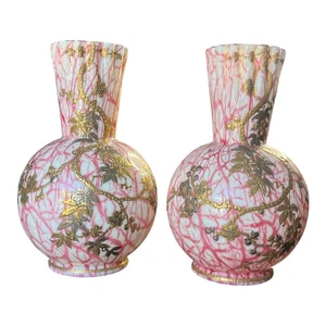 2 Antique Bohemian Harrach Malachite Pink White Gold Overlay Fluted Ball Vases - Picture 1 of 24
