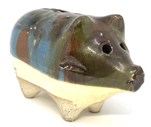 Antigua alcancía de cerámica esmaltada de gres para cerdo ojos con agujero esmalte por goteo firmada - Imagen 1 de 15