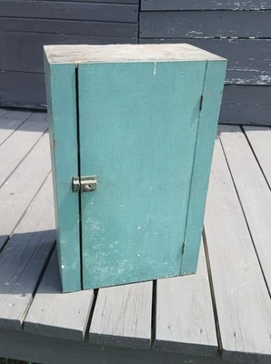 Antique Hanging Wall Cabinet 1890s Org Turquoise Paint Tiger Brand Starch Crate - Image 1 of 4