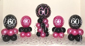 5 Pack - 60th BIRTHDAY BALLOON DISPLAY PACK - PINK and BLACK - TABLE CENTREPIECE - Picture 1 of 10