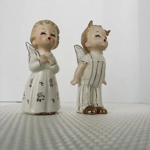 VTG XMAS Wales Girl Boy Japan Singing Angel Wings Figurine Set 5” Gold - Picture 1 of 9