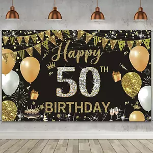 Happy Birthday Banner 50Th Birthday Decorations Backdrop Extra Large Black - Picture 1 of 12