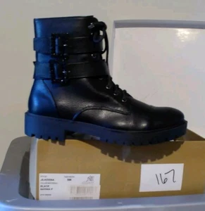 Jessica Simpson Boots KERINA side zip Combat Black 8W Bling Buckles Academia - Picture 1 of 4