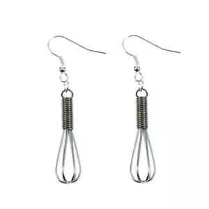 WHISK EARRINGS 2" Cute Tiny Miniature Kitchen Utensil Cook Food Stainless Steel - Picture 1 of 5