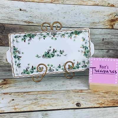 Burton & Burton For Fib Gold Trim Red Berries Green Gray Leaves Rectangle Tray  - Image 1 of 4