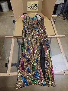Vintage 80s Sequin Dress Gold Colorful Slit Party Time Cocktail Prom Silk Large - Picture 1 of 17