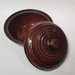 Marcrest Stoneware Casserole Dish Lid Daisy Dot Vintage Brown Bean Pot Crock - Picture 1 of 12