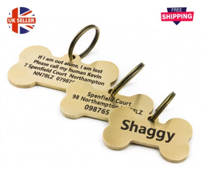 Deeply Engraved Solid Brushed Brass Bone Pet Tags Dog Cat 2mm Thickness - Image 1 of 4