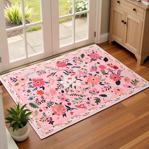 Floral Entryway Rug 2x3 Pink Rug Boho Washable Kitchen Throw Rugs Soft Low Pile - Picture 1 of 11
