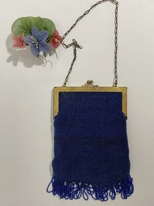 1900s Art Nouveau Flapper Blue Glass Beaded Purse, Antique Blue Purse, Vintage - Picture 1 of 9