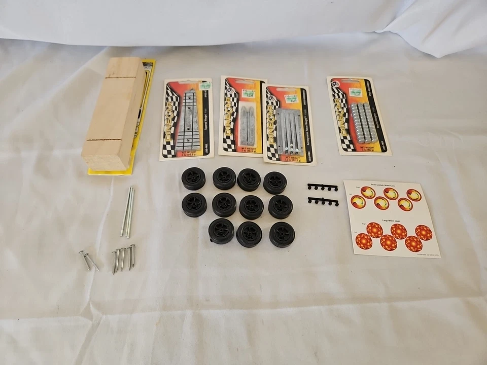 Pinewood Derby LOT Pinecar Cub Scouts Weights Wheels Axles Decals Ect. - Image 1 of 4