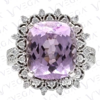 Anel de casamento folheado a ouro branco 18K com corte almofada natural kunzita e diamante 6,20 quilates - Imagem 1 de 4