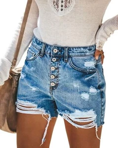 Women's Ripped Distressed High Waist Button Down Denim Jean Shorts Blue M - Picture 1 of 4