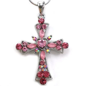 n13b Pink Cross Heart Rhinestone Necklace Chain Pendant - Picture 1 of 1