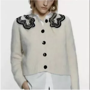 Zara Womens Sequin Collar Cardigan Sweater S Wool - Picture 1 of 6