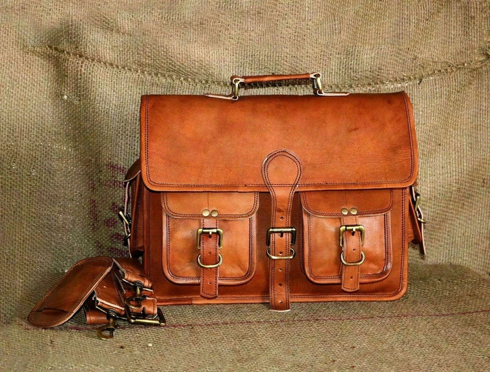 Maletín mensajero vintage de cuero genuino para computadora portátil bolso hecho a mano para hombre  Foto 1 de 4