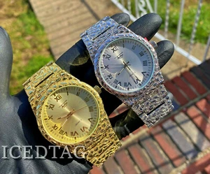 MEN STYLISH BLING RAPPER SIMULATE GOLD/ SILVER LUXURY HIP HOP NUGGET WATCH - Picture 1 of 10