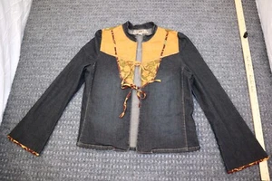 Picasso Style Jeans Jacket Women's Size L Tie Front Boho Denim Blue Long Sleeves - Picture 1 of 11