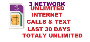 New Three Network SIM Card 3g pay as you go UNLIMITED CALL & TEXT ALL PACKAGES - Picture 1 of 2