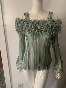 Top donna Kaelyn Max blu/verde righe spalle fredde frange elasticizzato taglia S nuovo con etichette - Foto 1 di 6