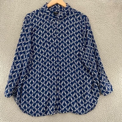 Talbots Top Womens 3X Plus Blue Butterfly Button Up Long Roll Tab Sleeve Collar - Image 1 of 4