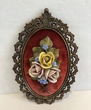 Vintage 3D Porcelain Roses Wall Hanging Ornate Gold Frame 8” X  5” Italy 1960’s